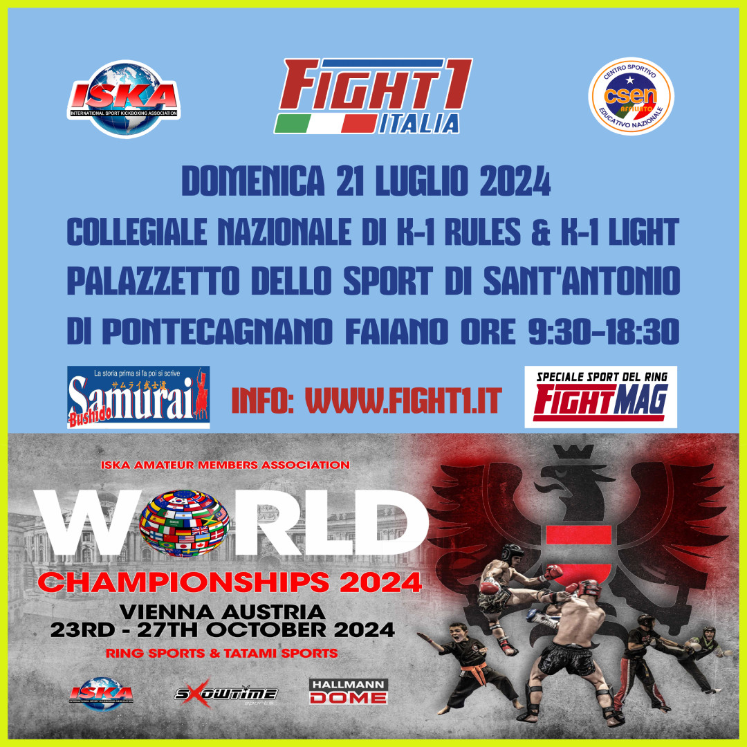 DOMENICA 21 LUGLIO A SANT’ANTONIO DI PONTECAGNANO FAIANO IL COLLEGIALE DELLA NAZIONALE FIGHT1 PER IL MONDIALE ISKA 2024