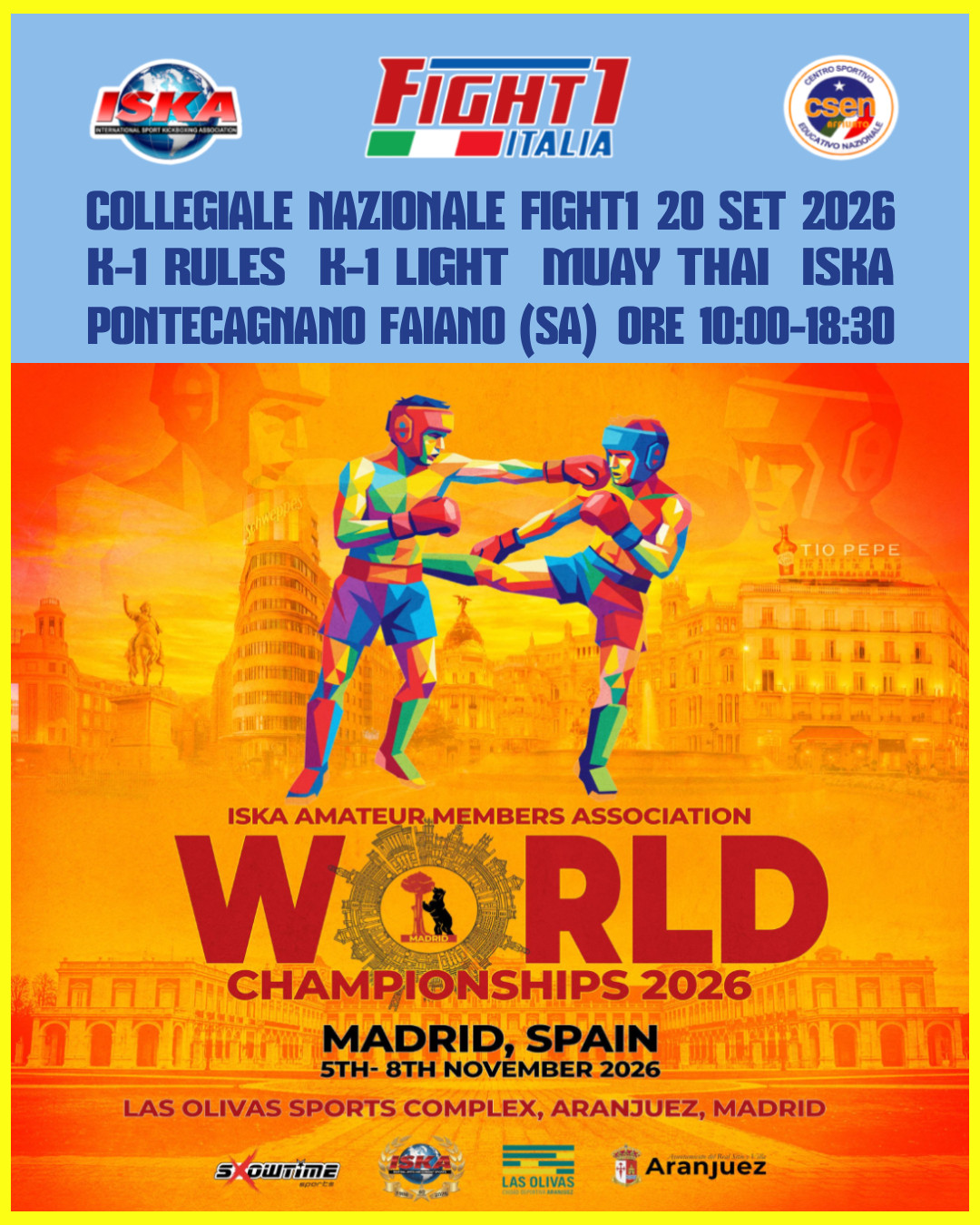 DOMENICA 20 SETTEMBRE A SANT’ANTONIO DI PONTECAGNANO FAIANO IL COLLEGIALE DELLA NAZIONALE FIGHT1 PER IL MONDIALE ISKA 2026